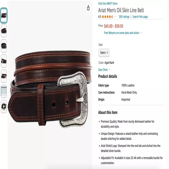 Size 34 Ariat Men's Oil Skin Line, Aged Bark Belt