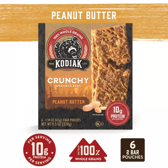 KODIAK CRUNCHY GRANOLA BARS Peanut Butter 3 BOXES 36 BARS TOTAL BB Exp. 3/2025