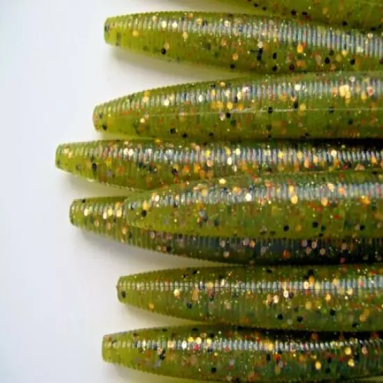 75 pk 5" Senko-style GREEN OLIVE/GOLD FLAKE - Soft Plastic Worms - SCENT & SALT