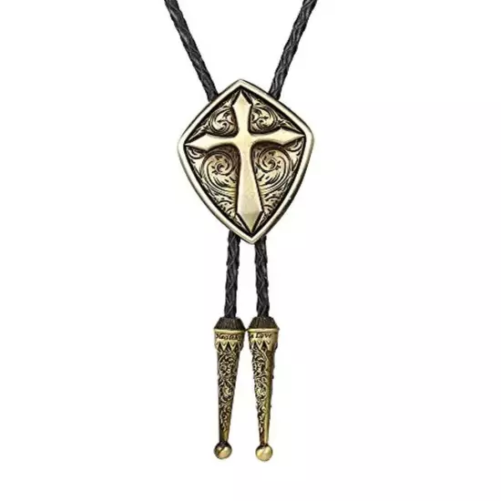 Vintage Bolo Tie Western Cowboy Romen Shield Cross Pattrn Mens Necklace PU Rope