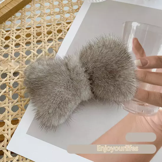 Women's Girls Cute Real Mink Fur Hair Clip Hairpin Bobby Pin Hair Claw Bowknot