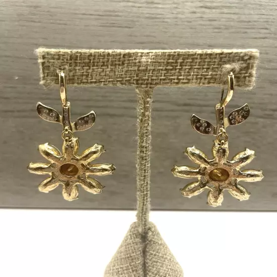 Betsey Johnson Daisy Flower with Green Leaves & Clear Crystal Earrings