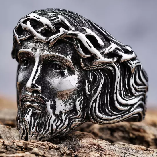 Mens Vintage Jesus Ring Stainless Steel Olive Branch Crown Jesus Ring Biker Punk