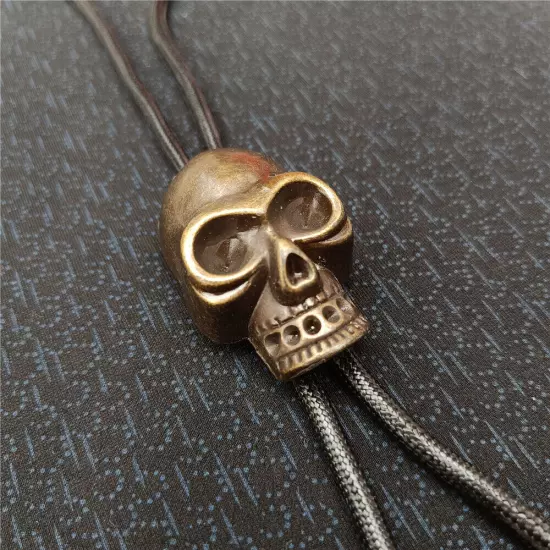 Mens BOLOTie Vintage Bronze Skull Necklace Wedding Alloy Wax Rope Western Cowboy