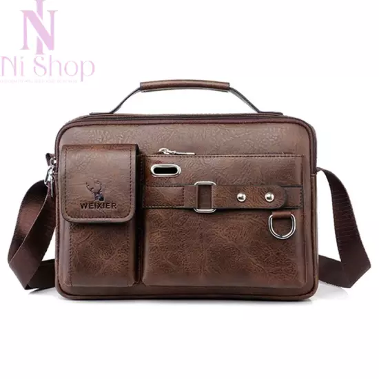 Men Messenger Bag Shoulder Briefcase Portable PU Leather Handbag Crossbody Brown