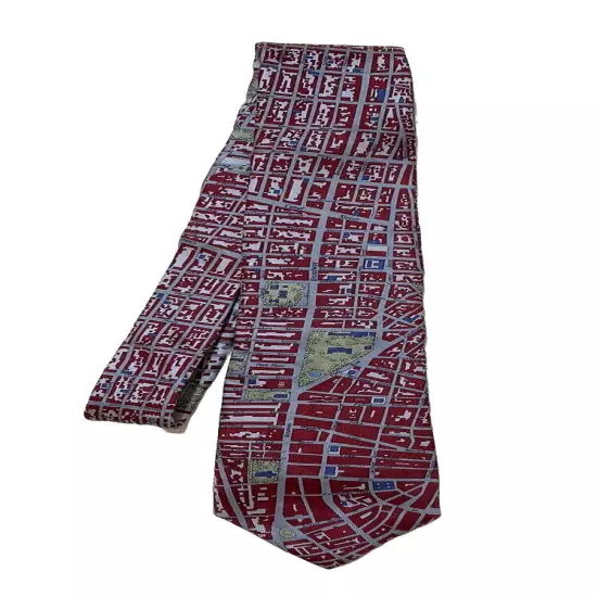 Civitas 1852 New York All Silk Gray & Burgundy City Map Pattern Men’s Necktie EC