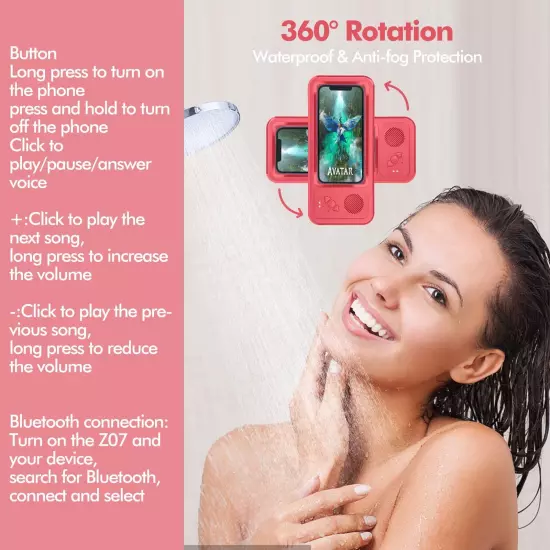 Shower Phone Holder with Wireless Bluetooth Speaker Waterproof 480 Rotation