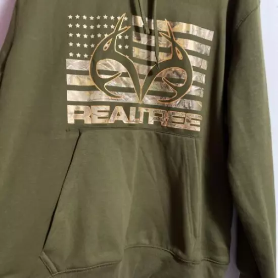 Realtree Men’s Hoodie• Poly Pullover Fleece • Army Green• USA Flag • Size Large