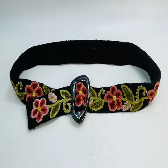 Embroidered Peru Wool BELT Black Floral Boho Hippie HORN BUCKLE Adjustable 44"