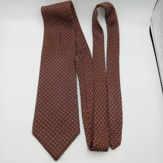 Brooks Brothers Makers Mens Silk Foulard Tie-Burgundy Navy Gold 60" Necktie Vtg