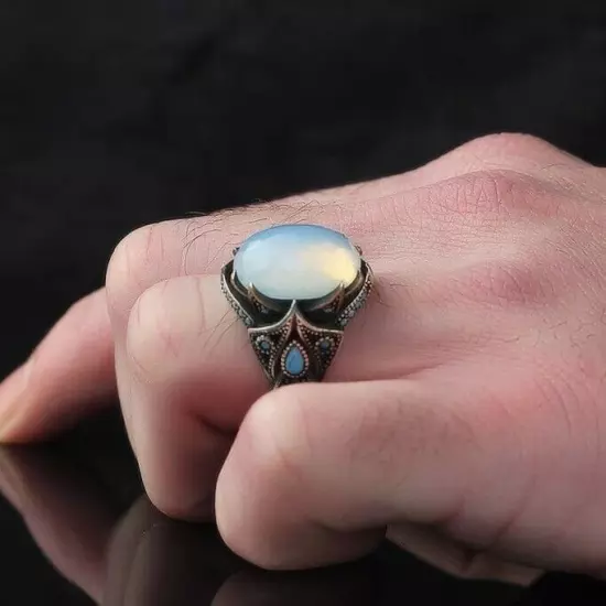 Moon Stone 925 Sterling Silver Men's Ring Turkish Handmade Silver Men's Jewelry