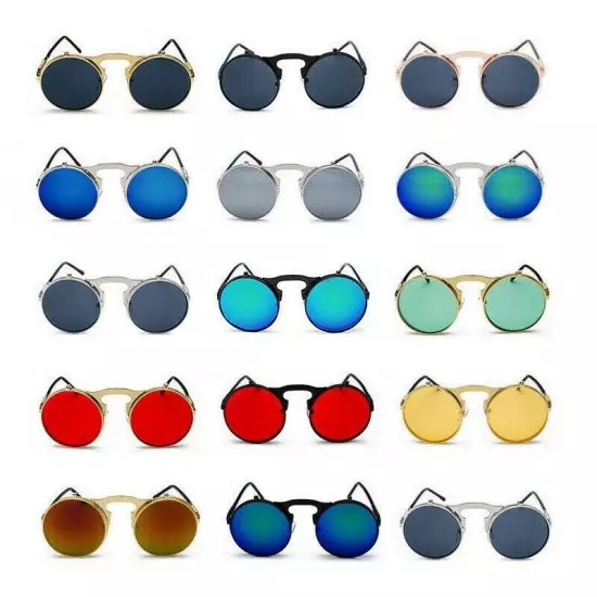 Round Metal Flip Up Sunglasses Retro John Lennon Circle Vintage Unisex Glasses