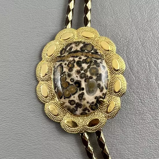 Bolo Tie Oval Leopard Skin Jasper Gold Tone Brown Rope Mens Womens Unisex 