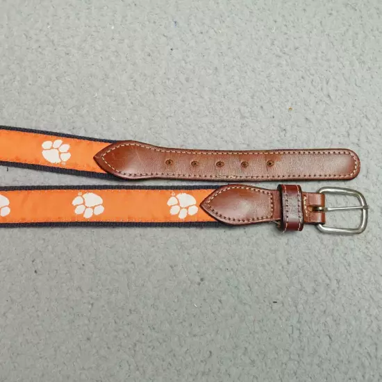 Clemson Tigers Belt Size 30 Tiger Paw Orange Web Leather Trim Nickel Buckle Mens