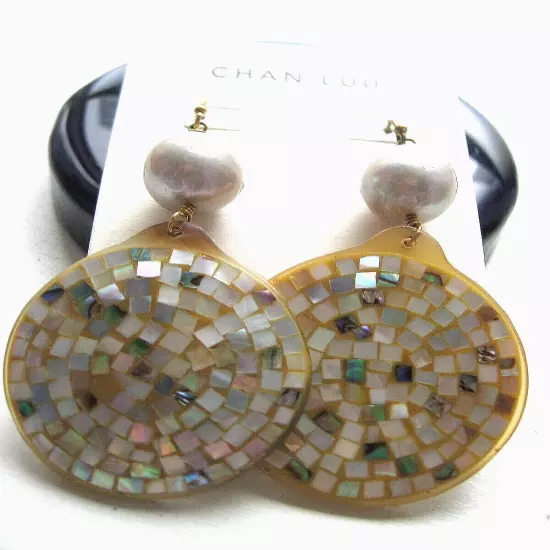 Chan Luu Earrings Pearl Abalone Shell Inlay Mosaic Style Gold NWT $215 Moderrn