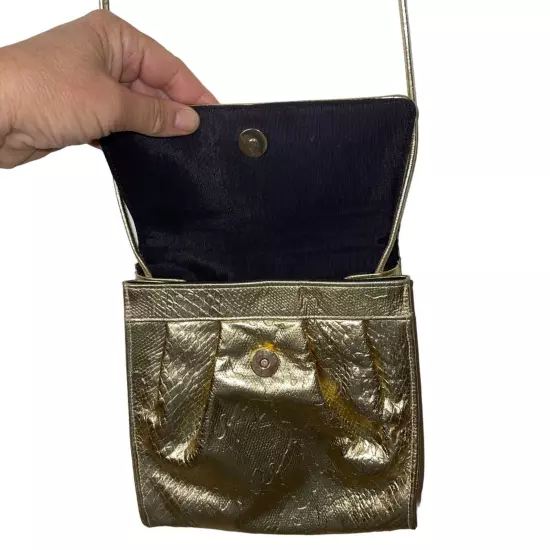 Vintage Crossbody Shoulder Bag Womens One Size Gold Snake Embossed Leather Snap