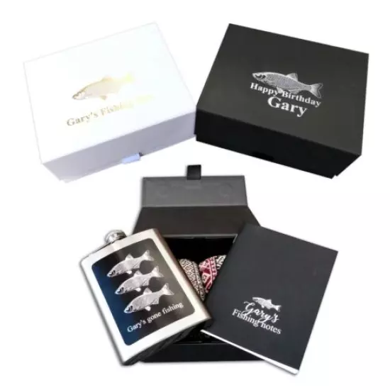 Personalised Fishing gift box socks, notebook, hip flask fisherman christmas box