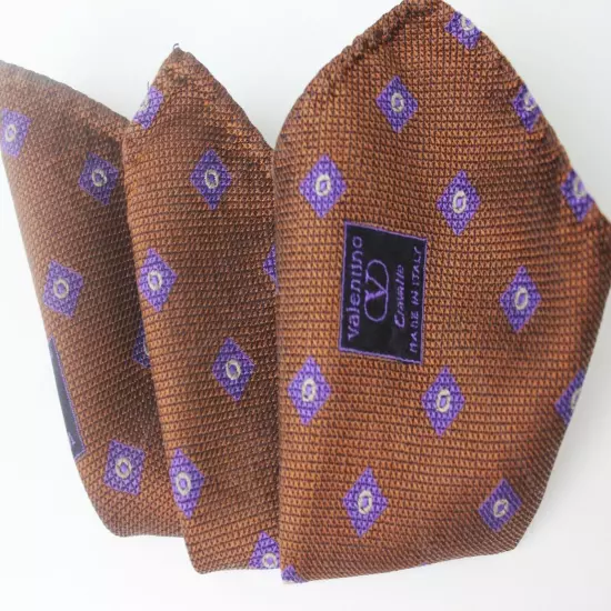 Vintage VALENTINO Silk Pocket Square Brown Purple 28 cm Luxury Men Accessory