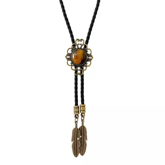 Men BOLO Tie Vintage Tiger Eye Stone Pendant Necklace Shirt Alloy Western Cowboy