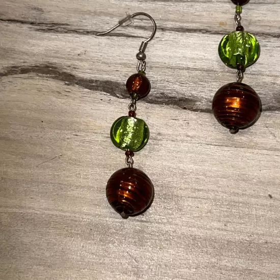 Lovely Green & Brown Glass Earrings Fish Hook