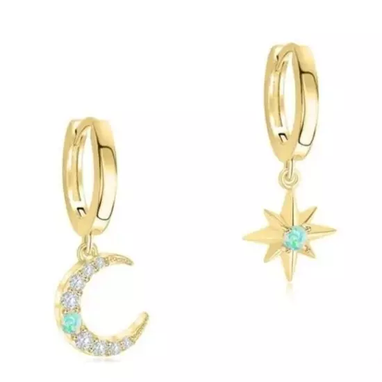 Celestial Moon Star Huggie Gold w/ Opal & Cubic Zirconia Dainty Hoop Earrings