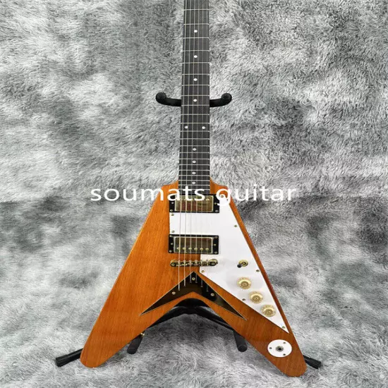 Natural Flying V Electric Guitar Accessories Mahogany Neck Gold Hardware