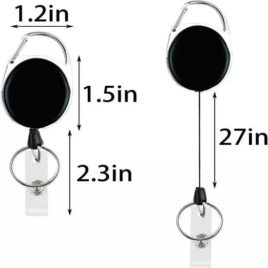 Plain Black Retractable Carabiners– Belt Clip Key Badge Ring Reel Functional NEW