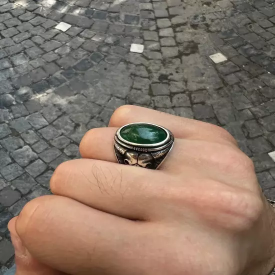 Man Green Jade Stone Ring , Silver Bull Head Ring , Handmade Silver Animal Ring