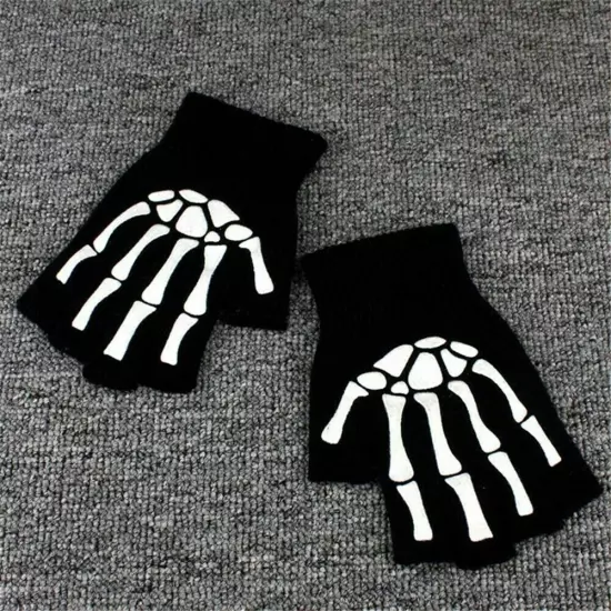 Gothic Knitted Black with White Skeleton Bones Fingerless Gloves... Punk U5U6