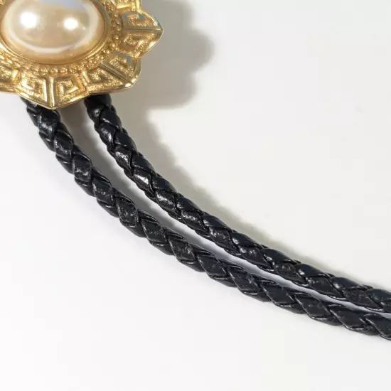 Bolo Tie Black Braided Cord and Faux Pearl Circle Slide Pendant Gold Tone