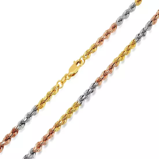 14k Gold Tri-color Solid Rope Chain 3mm-5mm Twist Link Necklace 16"-26"