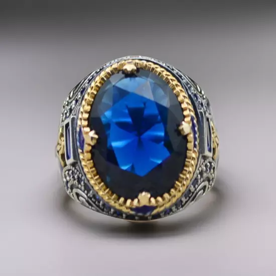 Blue Zircon Men's Ring in 925 Sterling Silver Turkish Jewelry All Size