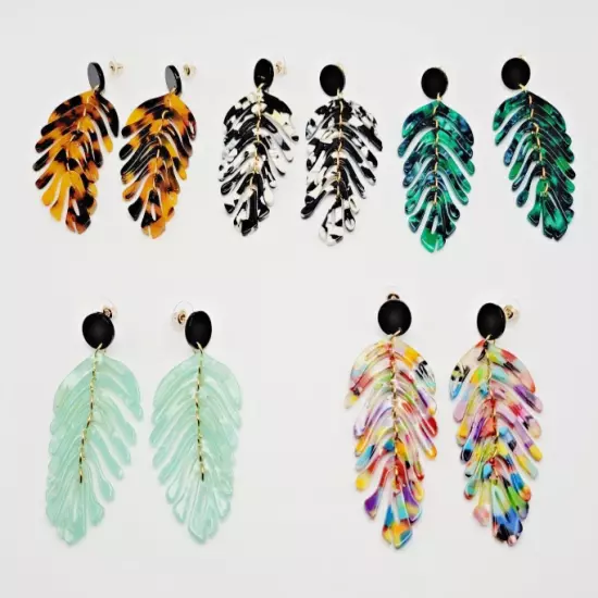 Leaf Shape Drop Dangle Earrings 5 Pair Set - Resin Acrylic Boho Women's Jewelry