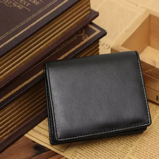 Black Leather Men's Small RFID Slim Bifold Wallet Credit Card ID Holder Wallet