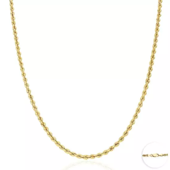 14K Yellow Gold Hollow 3mm Rope Chain Necklace 18" Lobster Clasp