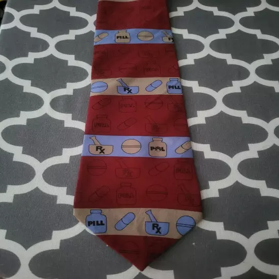 Vicky Davis Maroon 'Filler Up' Pharmacy RX Themed Tie, 100% silk - EUC