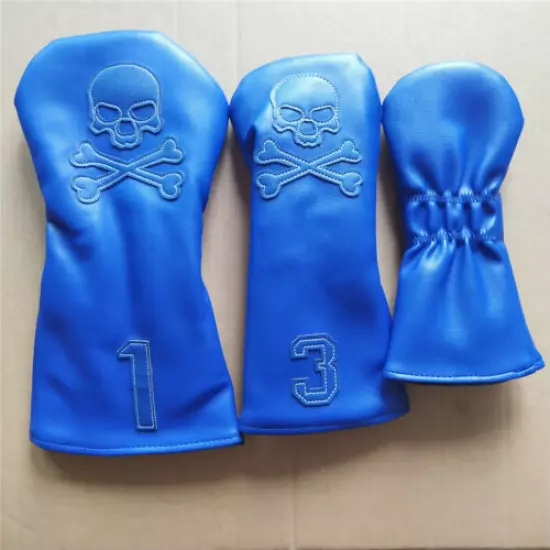 3pcs Blue Golf Skull Head Covers For Driver Fairway Wood Hybrid #1 #3 #H Cover