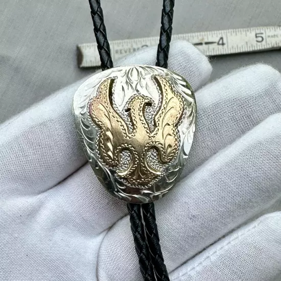 Stunning Tooled Gold And Silver Eagle Bolo Tie Vintage