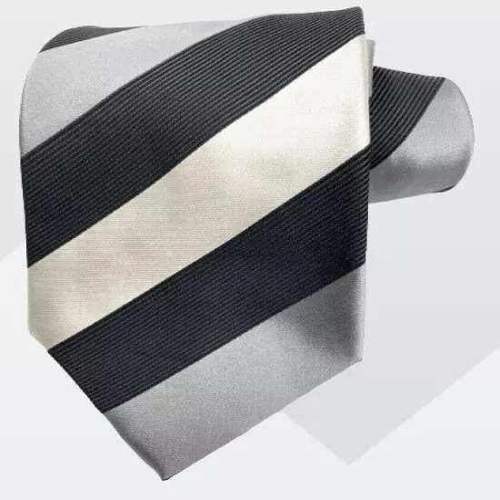 Geoffrey Beene Silver Black White Striped Regimental Repp Silk Tie 3.8" x 59"