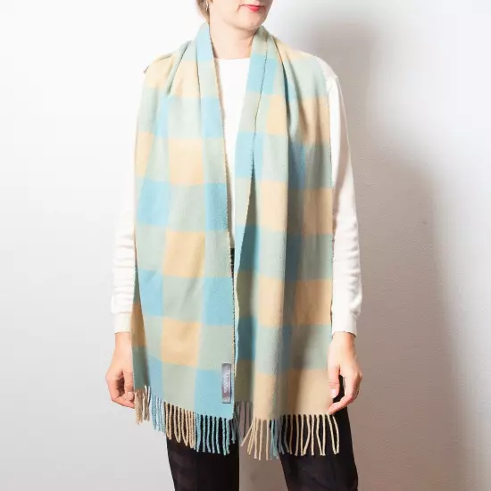 MAX MARA Lambswool Scarf Long Plaid Beige and Light Blue Winter Scarf Soft Scarf