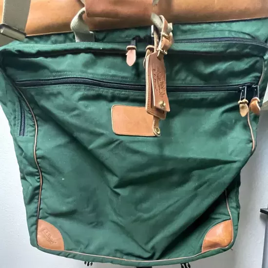 80s 90s LL BEAN Green Canvas Leather Folding Garment Carrying Bag Travel Vintage