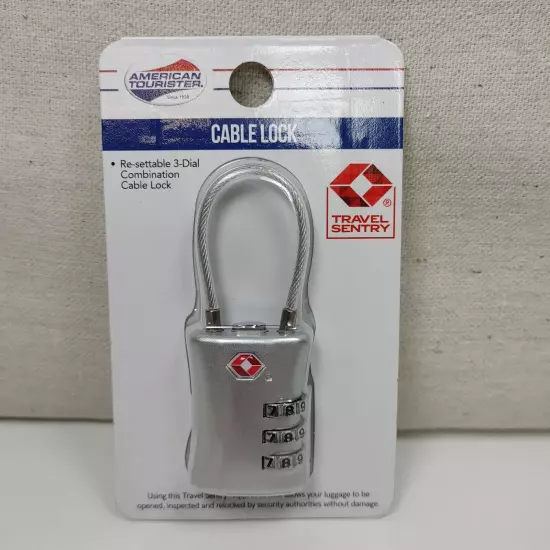 American Tourister Since 1933 Resettable 3-Dial Combination Silver Cable Lock 