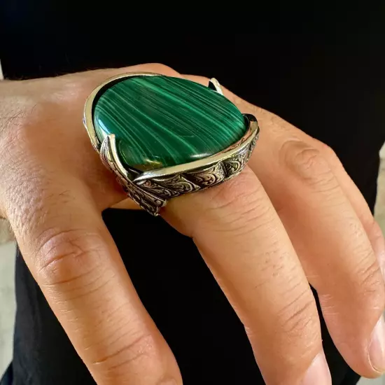 925 Sterling Silver Malachite Stone Engraved Design Handmade Huge Men's Ring