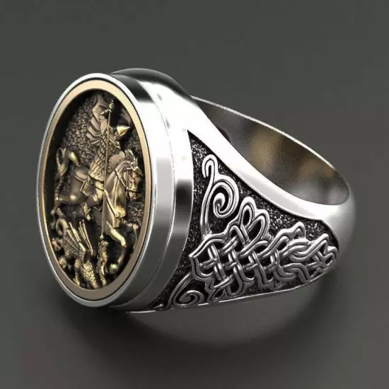 Saint George Slaying Devil Dragon Ring Roman Knight Biker Religious Gift For Men