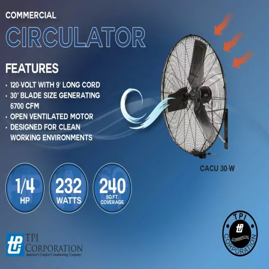 TPI CACU30-W 30" Commercial Air Circulator Wall Mount 4200/3800/3500 CFM 120V