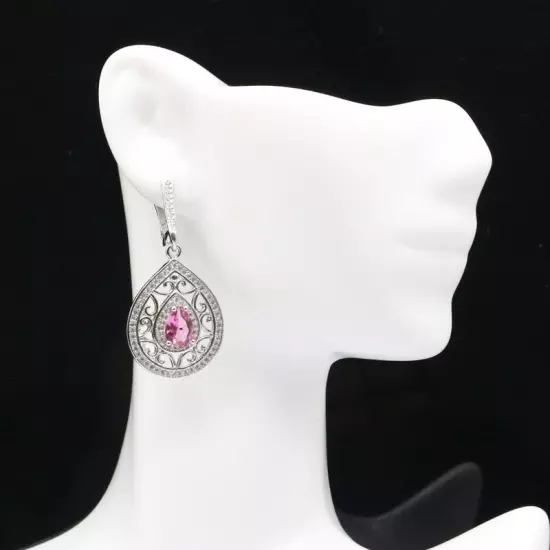 Charming Pink Tourmaline White CZ For Women Daily Wear Silver Earrings