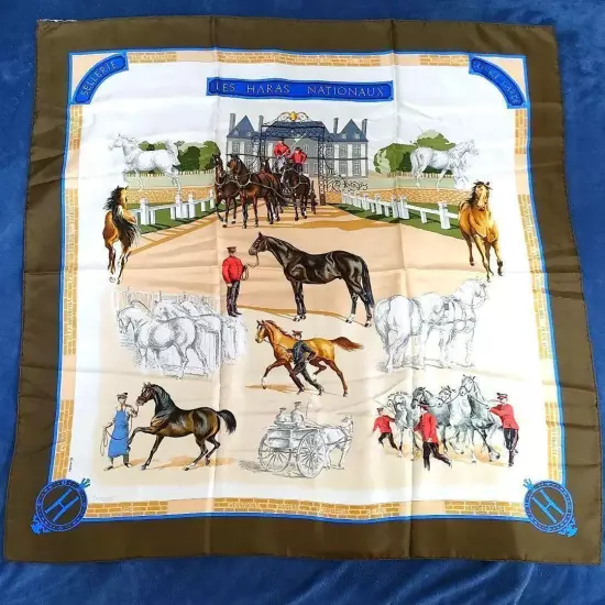 HERMÈS Scarf Carres 90 Brown Blue Silk Horse Pattern Women France