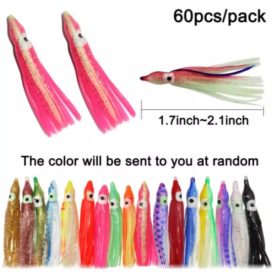 60Pcs Octopus Squid Skirt Lures Bait Saltwater Fishing Soft Lure 2inch-4.72inch