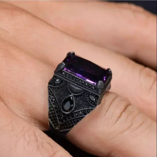 Handmade Genuine Natural Ametist Amethyst Vintage 925 Sterling Silver Men Ring