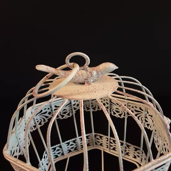 Vintage Look Metal Bird Cage Intricate Cut-Outs Bird On Top Opens At Top